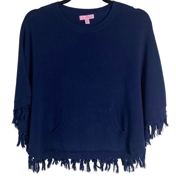 Lilly Pulitzer Other - LILLY Pulitzer Girls Hani 100% Cotton Navy Poncho Sweater, Tassels, Size M 6-7